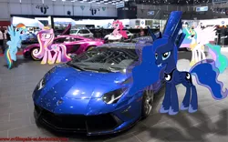 Size: 1500x938 | Tagged: artist:chevrolet-evilimpala, car, derpibooru import, irl, lamborghini, lamborghini aventador, mclaren, photo, pinkie pie, ponies in real life, porsche cayenne, princess cadance, princess celestia, princess luna, rainbow dash, safe