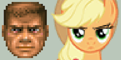 Size: 512x256 | Tagged: angry, animated, applejack, derpibooru import, doom, doomguy, frown, glare, gritted teeth, looking at you, parody, pixelated, raised eyebrow, safe, status bar face, suspicious, synchronized, unconvinced applejack