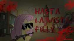 Size: 1000x561 | Tagged: derpibooru import, fluttershy, gun, hasta la vista filly, semi-grimdark, spanglish, spanish, terminator