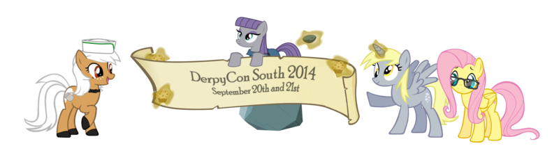 Size: 3550x975 | Tagged: boulder, convention, derpibooru import, derpycon south, derpy hooves, fluttershy, maud pie, muffin, oc, oc:beignet, old banner, princess derpy, race swap, safe, tom