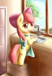 Size: 2430x3507 | Tagged: safe, artist:dyoung, derpibooru import, apple bloom, earth pony, pony, adorabloom, apron, bipedal, clothes, cute, dishes, eye clipping through hair, female, filly, open mouth, pixiv, sink, solo, washing