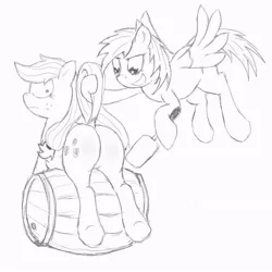 Size: 764x764 | Tagged: applejack, applejack is a spankaholic, artist:blankhal, barrel, derpibooru import, monochrome, paddle, rainbow dash, spanking, suggestive