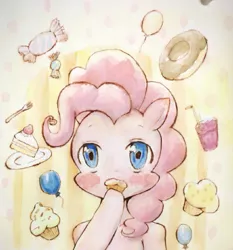 Size: 889x955 | Tagged: safe, artist:laurant, derpibooru import, pinkie pie, cake, cupcake, muffin, pixiv, solo, traditional art