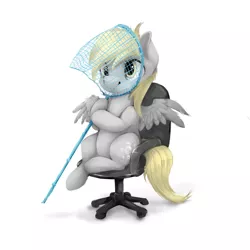 Size: 1024x1024 | Tagged: safe, artist:katemaximova, derpibooru import, derpy hooves, pegasus, pony, butterfly net, chair, cute, derpabetes, female, hoof hold, mare, net, office chair, palindrome get, simple background, sitting, smiling, solo, spread wings