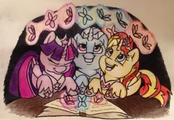 Size: 1767x1216 | Tagged: safe, artist:razledazle, derpibooru import, sunset shimmer, trixie, twilight sparkle, twilight sparkle (alicorn), alicorn, butterfly, pony, book, counterparts, magic, magical trio, race swap, shimmercorn, traditional art, trixiecorn, twilight's counterparts