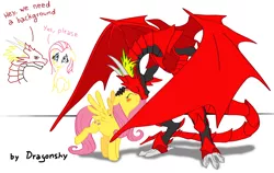 Size: 1464x928 | Tagged: safe, artist:dragonshy, derpibooru import, fluttershy, oc, oc:dragon, dragon, canon x oc