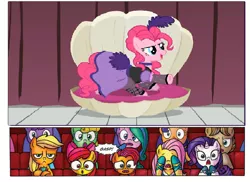 Size: 606x441 | Tagged: apple bloom, applejack, applejack is not amused, audience reaction, babs seed, clothes, covering eyes, derpibooru import, dress, edit, edited screencap, fluttershy, idw, over a barrel, pinkie pie, rarity, safe, saloon dress, saloon pinkie, screencap