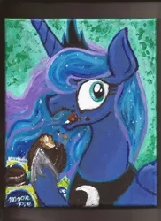 Size: 2550x3507 | Tagged: artist:pwnyville, derpibooru import, eating, messy eating, moon pie, princess luna, safe, solo, traditional art