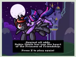 Size: 671x505 | Tagged: safe, artist:blitzprog, artist:britishmindslave, artist:pix3m, derpibooru import, twilight sparkle, twilight sparkle (alicorn), oc, oc:robin steele, alicorn, pony, alicorn oc, canon x oc, canterlot, donut steel, flash game, game, pixel art, robin steele the waifu thief