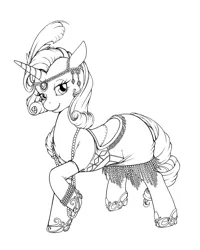 Size: 823x1029 | Tagged: artist:longinius, clothed ponies, clothes, derpibooru import, flapper, grayscale, monochrome, rarity, saddle, safe, solo