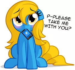 Size: 2269x2121 | Tagged: safe, artist:furrgroup, derpibooru import, oc, oc:internet explorer, ponified, unofficial characters only, earth pony, pony, begging, blushing, bronybait, browser ponies, cute, dialogue, female, floppy ears, internet explorer, internet explorer drama, looking at you, mobile phone, mouth hold, phone, sad, simple background, sitting, solo