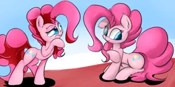 Size: 1280x639 | Tagged: safe, artist:madacon, derpibooru import, pinkie pie, earth pony, pony, colored pupils, comparison, female, mare, self ponidox, solo