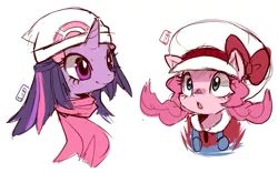 Size: 933x581 | Tagged: safe, artist:suikuzu, derpibooru import, pinkie pie, twilight sparkle, earth pony, pony, unicorn, clothes, crossover, dawn (pokémon), female, hat, hikari, kotone, lyra (pokemon), magdalena krylik, mare, pokémon, polish, voice actor joke