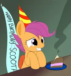 Size: 918x984 | Tagged: alone, artist:arcum42, artist:mcsadat, birthday, cake, colored, derpibooru import, happy birthday to me, sad, safe, scootalone, scootaloo, scootasad, solo