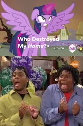 Size: 413x622 | Tagged: safe, derpibooru import, twilight sparkle, twilight sparkle (alicorn), alicorn, pony, exploitable meme, female, hub logo, kel mitchell, kenan and kel, kenan thompson, mare, meme, orange soda, who destroyed twilight's home