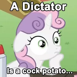 Size: 500x500 | Tagged: cropped, derpibooru import, edit, edited screencap, exploitable meme, floppy ears, hoof on chin, image macro, meme, ponyville confidential, pun, screencap, solo, sudden clarity sweetie belle, suggestive, sweetie belle, the truth