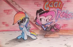 Size: 1118x714 | Tagged: artist:pelate, derpibooru import, pinkie pie, rainbow dash, rapper pie, safe, sunglasses, traditional art