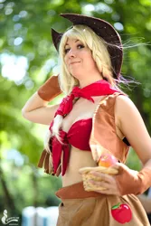 Size: 1066x1600 | Tagged: 2014, applejack, artist:narga-chan, bandeau, basket, cleavage, clothes, convention, cosplay, cowboy vest, derpibooru import, female, fingerless gloves, gloves, human, irl, irl human, made in japan, midriff, photo, safe, solo