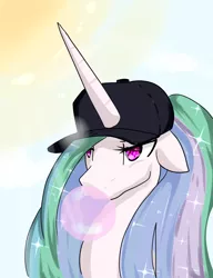 Size: 6000x7800 | Tagged: absurd resolution, alternate hairstyle, artist:acharmingpony, bubble, bubblegum, derpibooru import, gum, hat, ponytail, princess celestia, safe, solo