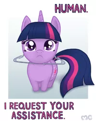 Size: 714x897 | Tagged: safe, artist:mcponyponypony, derpibooru import, twilight sparkle, pony, unicorn, :c, behaving like a cat, chibi, clothes hanger, cute, female, frown, hnnng, horn, implied human, looking at you, looking up, mare, meme, parody, ponified animal photo, requested art, sad, sadorable, silly, silly pony, simple background, solo, stuck, sweet dreams fuel, twiabetes, twilight cat, unicorn twilight, weapons-grade cute, white background