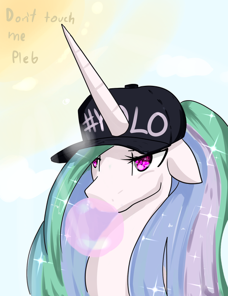 Size: 1280x1664 | Tagged: alternate hairstyle, artist:acharmingpony, bubble, bubblegum, derpibooru import, gum, hat, plebeian, ponytail, princess celestia, safe, solo, yolo