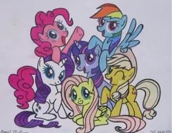 Size: 900x697 | Tagged: applejack, artist:patridam, derpibooru import, fluttershy, group pose, intro, mane six, mane six opening poses, pinkie pie, rainbow dash, rarity, safe, traditional art, twilight sparkle