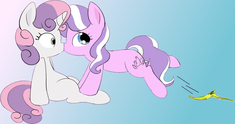 Size: 1280x678 | Tagged: accidental kiss, artist:arcum42, artist:mcsadat, banana peel, colored, derpibooru import, diamondbelle, diamond tiara, female, kissing, lesbian, missing accessory, safe, shipping, surprise kiss, sweetie belle