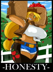 Size: 1426x1956 | Tagged: apple, applebucking thighs, applejack, armpits, artist:shonuff44, basket, big breasts, breasts, busty applejack, carrying, chaps, clothes, derpibooru import, female, fence, front knot midriff, honesty, human, humanized, midriff, one eye closed, shorts, solo, solo female, suggestive, wink, working