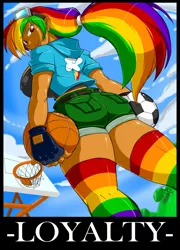 Size: 1420x1968 | Tagged: artist:shonuff44, basketball, big breasts, breasts, busty rainbow dash, cleavage, clothes, derpibooru import, female, football, goggles, human, humanized, loyalty, rainbow dash, rainbow socks, shorts, sideboob, socks, solo, striped socks, suggestive, the ass was fat