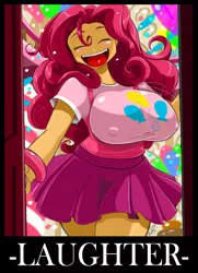 Size: 1438x1986 | Tagged: artist:shonuff44, big breasts, breasts, busty pinkie pie, clothes, derpibooru import, female, human, humanized, jiggle, laughing, pinkie pie, skirt, smiling, solo, solo female, suggestive