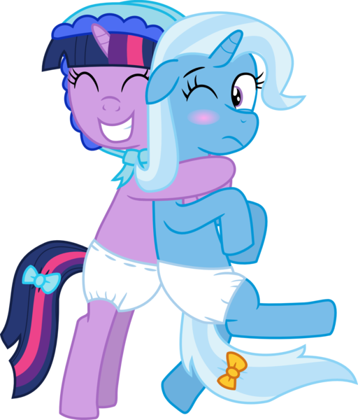 Size: 1464x1715 | Tagged: questionable, artist:mighty355, derpibooru import, trixie, twilight sparkle, pony, adult foal, bipedal, blushing, bonnet, bow, diaper, diaper fetish, female, fetish, hug, lesbian, shipping, twixie, vector