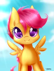 Size: 1500x2000 | Tagged: safe, artist:mrsremi, derpibooru import, scootaloo, pegasus, pony, cloud, colored pupils, crepuscular rays, cute, cutealoo, female, filly, looking at you, sky, smiling, solo, spread wings, starry eyes, wingding eyes, wings
