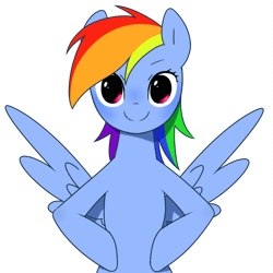 Size: 1100x1100 | Tagged: safe, artist:30clock, derpibooru import, rainbow dash, pegasus, pony, semi-anthro, animated, bipedal, emofuri, female, frame by frame, looking at you, mare, simple background, smiling, solo, spread wings, white background