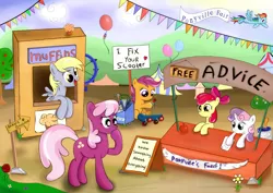 Size: 1160x820 | Tagged: safe, artist:milanoss, derpibooru import, apple bloom, cheerilee, derpy hooves, rainbow dash, scootaloo, sweetie belle, pegasus, pony, apple, balloon, cutie mark crusaders, fair, female, food, hammer, mare, saw, scooter, tools