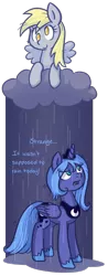 Size: 484x1231 | Tagged: safe, artist:kyaokay, derpibooru import, derpy hooves, princess luna, pegasus, pony, cloud, female, mare, rain, s1 luna, wet, wet mane