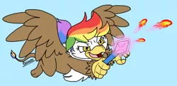 Size: 1000x484 | Tagged: safe, artist:breezepleeze, derpibooru import, oc, oc:rainbow feather, unofficial characters only, gryphon, hybrid, fire, fireball, flight, griffon magic, interspecies offspring, magic, magical lesbian spawn, offspring, parent:gilda, parent:rainbow dash, parents:gildash, solo, wand