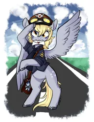 Size: 720x936 | Tagged: safe, artist:techtechno, derpibooru import, derpy hooves, pony, bag, bipedal, clothes, cloud, cloudy, goggles, hat, letter, mail, mailbag, mailmare, mailpony, mouth hold, plushie, salute, solo, uniform, unshorn fetlocks