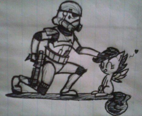 Size: 467x383 | Tagged: safe, artist:cross, derpibooru import, scootaloo, human, armor, cute, cutealoo, gun, happy, heart, monochrome, petting, scootalove, smiling, soldier, spread wings, star wars, stormtrooper, tongue out, traditional art