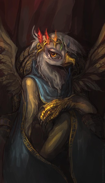 Size: 1500x2625 | Tagged: safe, artist:bloodrizer, derpibooru import, gilda, gryphon, solo, throne