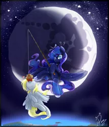 Size: 800x929 | Tagged: safe, artist:pomnoi, derpibooru import, derpy hooves, princess luna, pegasus, pony, dreamworks, female, fishing, flying, lesbian, lunaderp, mare, mare in the moon, moon, muffin, shipping, tangible heavenly object