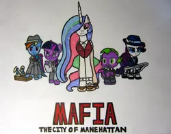 Size: 862x677 | Tagged: artist:patridam, clothes, crossover, depression, derpibooru import, explosives, glasses, gun, hat, mafia, princess celestia, rainbow dash, rarity, safe, spike, suit, the city of lost heaven, thirties, traditional art, twilight sparkle