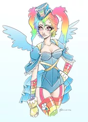 Size: 900x1240 | Tagged: artist:noflutter, breasts, burlesque, clothes, corset, derpibooru import, fashion, female, garter belt, gloves, human, humanized, pigtails, rainbow dash, rainbow dash always dresses in style, safe, solo, steampunk