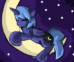 Size: 729x608 | Tagged: artist:kingprisman, crescent moon, derpibooru import, drool, filly, moon, princess luna, s1 luna, safe, sleeping, solo, tangible heavenly object, transparent moon, woona