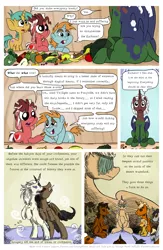 Size: 1300x2000 | Tagged: safe, artist:smudge proof, derpibooru import, snails, snips, oc, oc:tails, alicorn, pony, comic:heads and tails, alicorn oc, bipedal, blushing, comic, dirty, eating, fight, floppy ears, food, fruit, gritted teeth, miohippus, open mouth, pomegranate, rearing, sitting, smiling, tribal, vegetables, wide eyes