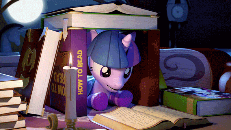 Size: 960x540 | Tagged: safe, artist:spectre-z, derpibooru import, daring do, twilight sparkle, pony, unicorn, journal of the two sisters, 3d, animated, bed, book, book fort, candle, clothes, cute, dark, female, golden oaks library, interior, loop, lying, magic, mare, night, prone, reading, socks, solo, striped socks, twiabetes, window