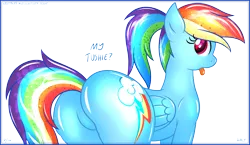 Size: 4920x2858 | Tagged: suggestive, artist:haltie, derpibooru import, rainbow dash, alternate hairstyle, featureless crotch, female, plot, ponytail, shiny, simple background, solo, solo female, tongue out