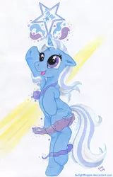 Size: 800x1252 | Tagged: safe, artist:foxxy-arts, derpibooru import, trixie, pony, belly button, bipedal, cute, float, magic, solo, stars, traditional art, tricks