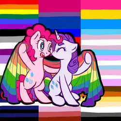 Size: 1000x1000 | Tagged: artist:rastaquouere69, asexual, asexual pride flag, ask rarity and pinkie, bear pride flag, bisexuality, bisexual pride flag, derpibooru import, female, flag, gay pride, gay pride flag, genderqueer, genderqueer pride flag, intersex, intersex pride flag, leather pride flag, lesbian, lesbian pride flag, pansexual, pansexual pride flag, pinkie pie, polyamory pride flag, pride, raripie, rarity, safe, shipping, transgender, transgender pride flag