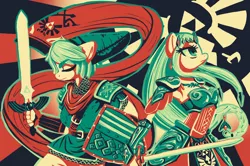 Size: 1280x852 | Tagged: anthro, artist:rastaquouere69, derpibooru import, hyrule warriors, limited palette, link, master sword, princess zelda, safe, shield, sword, the legend of zelda