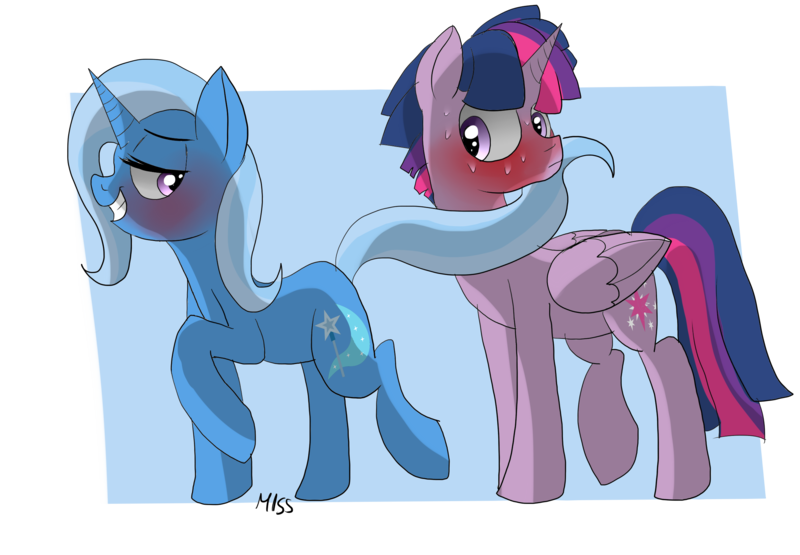 Size: 2450x1700 | Tagged: suggestive, artist:misspolycysticovary, derpibooru import, trixie, twilight sparkle, twilight sparkle (alicorn), alicorn, bedroom eyes, blushing, dusk shine, dusk shine gets all the mares, female, frown, grin, half r63 shipping, male, prince dusk, raised hoof, raised leg, rule 63, shipping, smiling, straight, sweat, tail seduce, trixshine, twixie, wide eyes